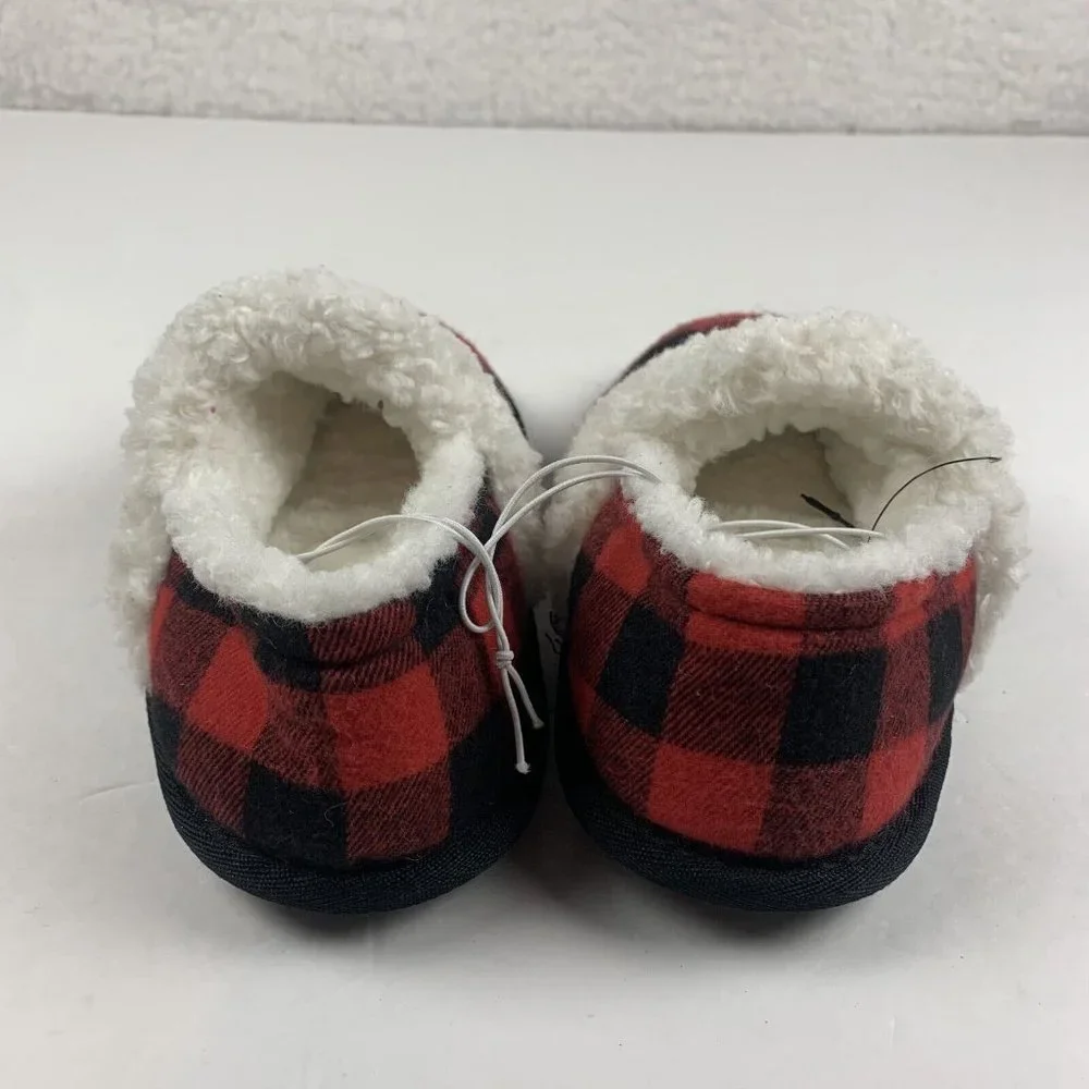 Nordstrom Rack Faux Shearling‎ Slippers Kid's 11/12 Red Bloom Buffalo Plaid 8009